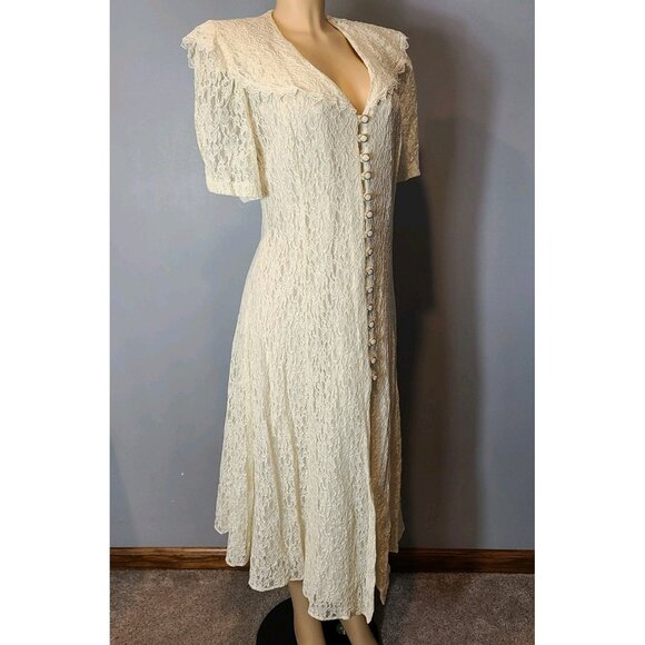 Vtg 90s Lace Romantic Dress Sz 24 Button Front Victorian Fairy Whimsical Cream - Picture 5 of 14